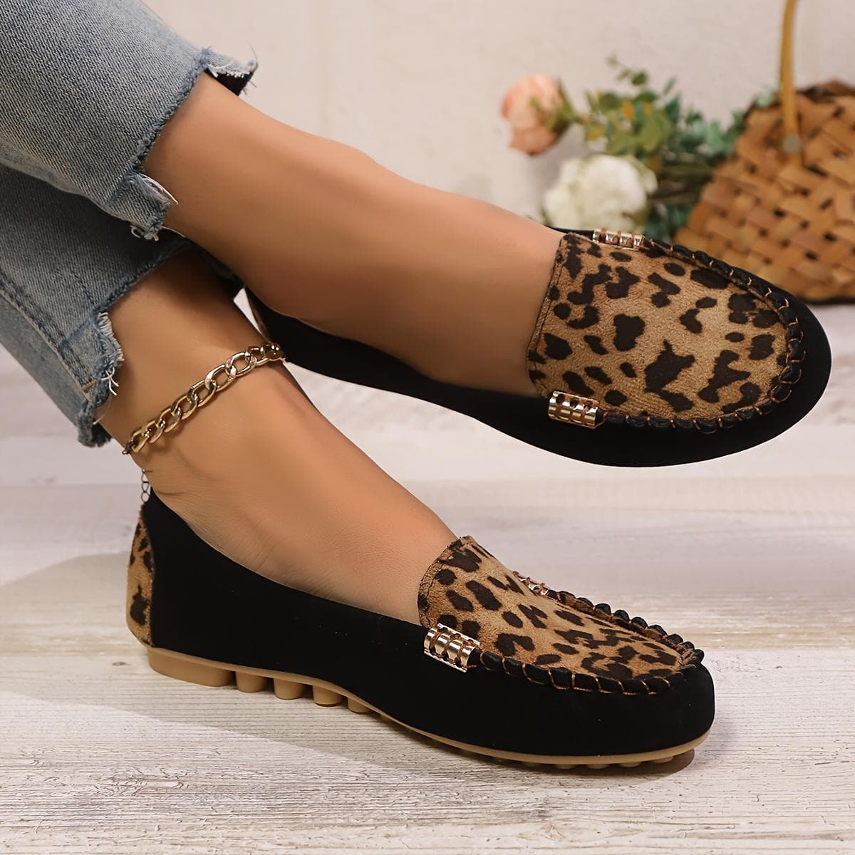 Damen Leopardendruck Patchwork Slipper Bequeme Schuhe Lässige Laufschuhe Schwarz Tierdruck Stoffobermaterial cm Leo-Print