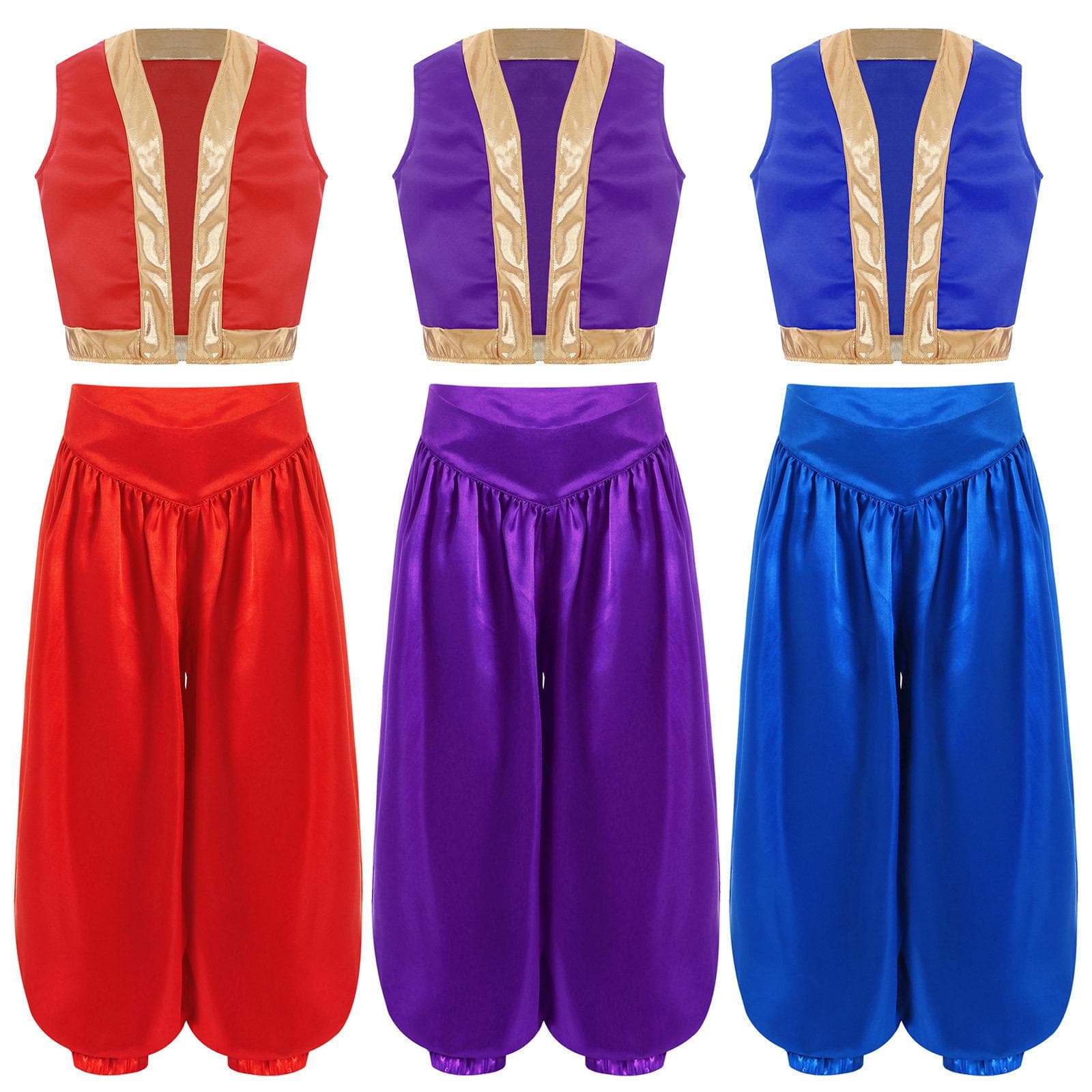 Kinder Jungen Mädchen Arabisches Cosplay Kostüm Set Lockere Weste Weitbeinige Satin Pumphose Halloween Verkleidung Kulturelles Outfit cm blau