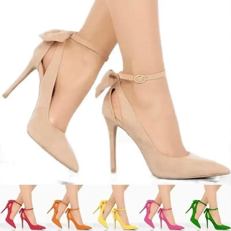 Frauen Pumps Sexy Stilettos Mode Bowknot 11cm Spitzschuh Dünne Knöchelriemen Flock Damen High Heels Weibliche Rote Hochzeitsschuhe cm nude