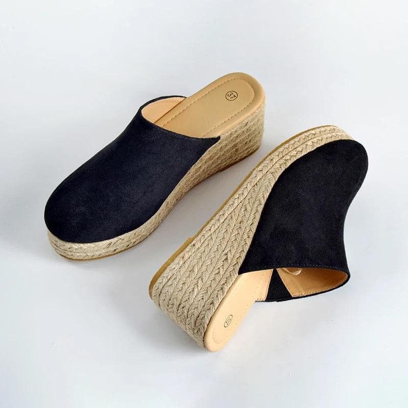 Damenmode Stoff Keilsandalen Plateau Geschlossene Zehe Espadrille Absätze Outdoor cm schwarz