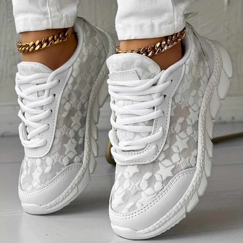 Einfarbige Sneakers mit Spitze für Damen, Plateau-Schnürschuhe mit weicher Sohle aus Mesh, atmungsaktive Low-Top-Schuhe für den Alltag cm