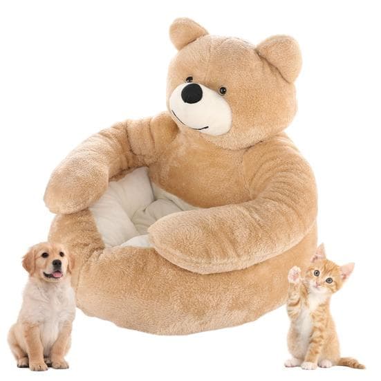 Teddybär Hundebett Warmes Flauschiges Katzensofa-Bett mit Armlehnen Rutschfest Abnehmbar Waschbar Gemütliches Bären-Kuschelbett für Katzen Hunde