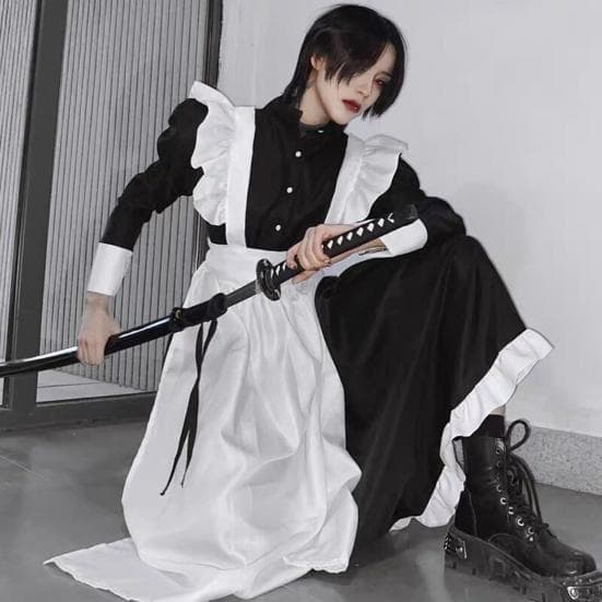 1 Set Dienstmädchen-Cosplay-Kleid, Set beinhaltet Schürze, Stirnband, Schleife und Socken. cm