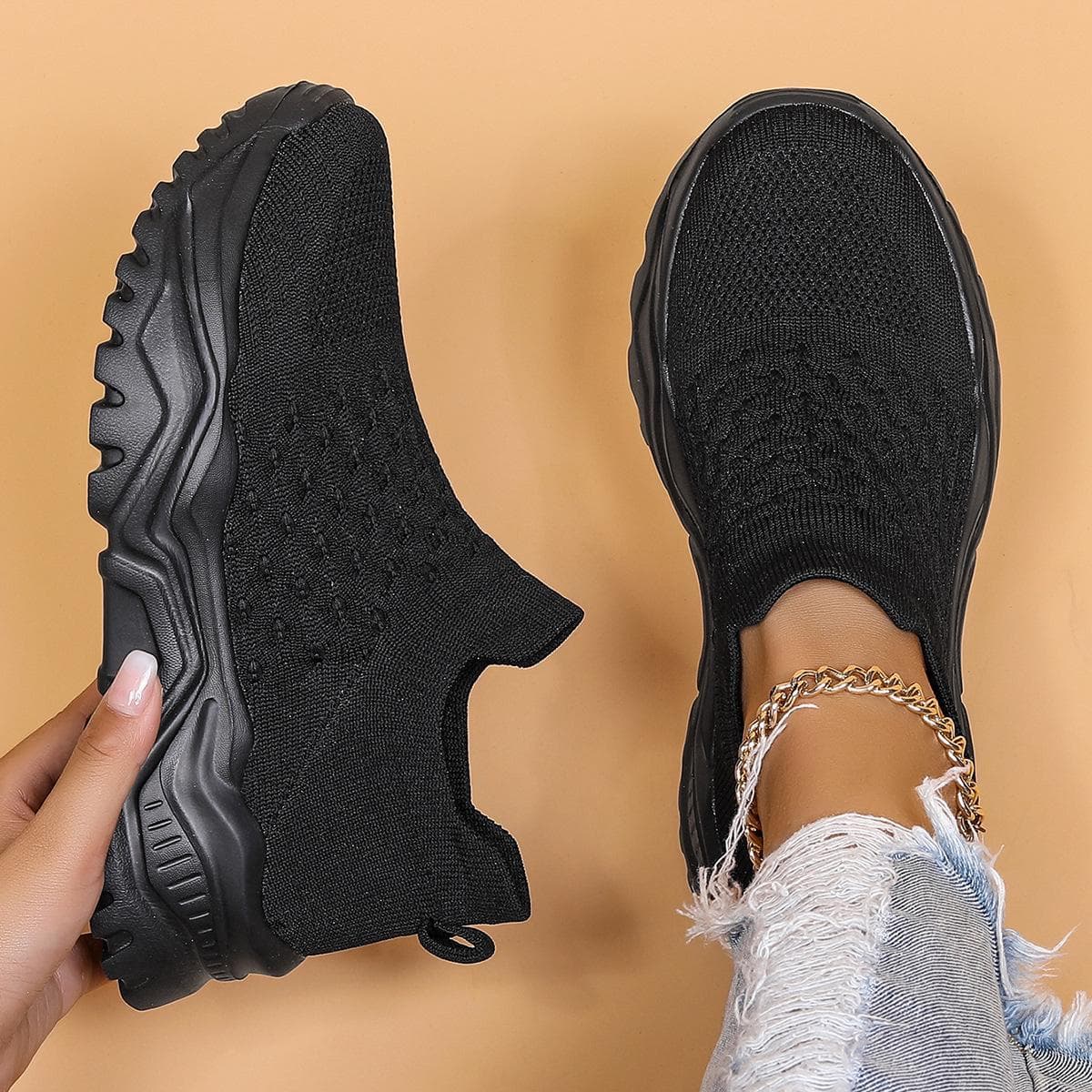 Atmungsaktive Slip-On-Sportschuhe aus Strick für Damen in großen Größen cm olivgrüne