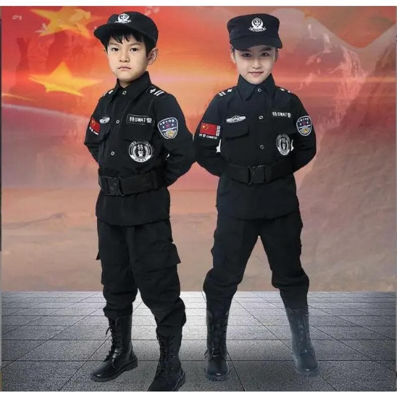 Agent Polizeiuniform Kugelsichere Weste & Helm Kostüm Verkleidung für Kinder Kostüm Kinder Polizist Cosplay Geschenk Geburtstag 140cm beige