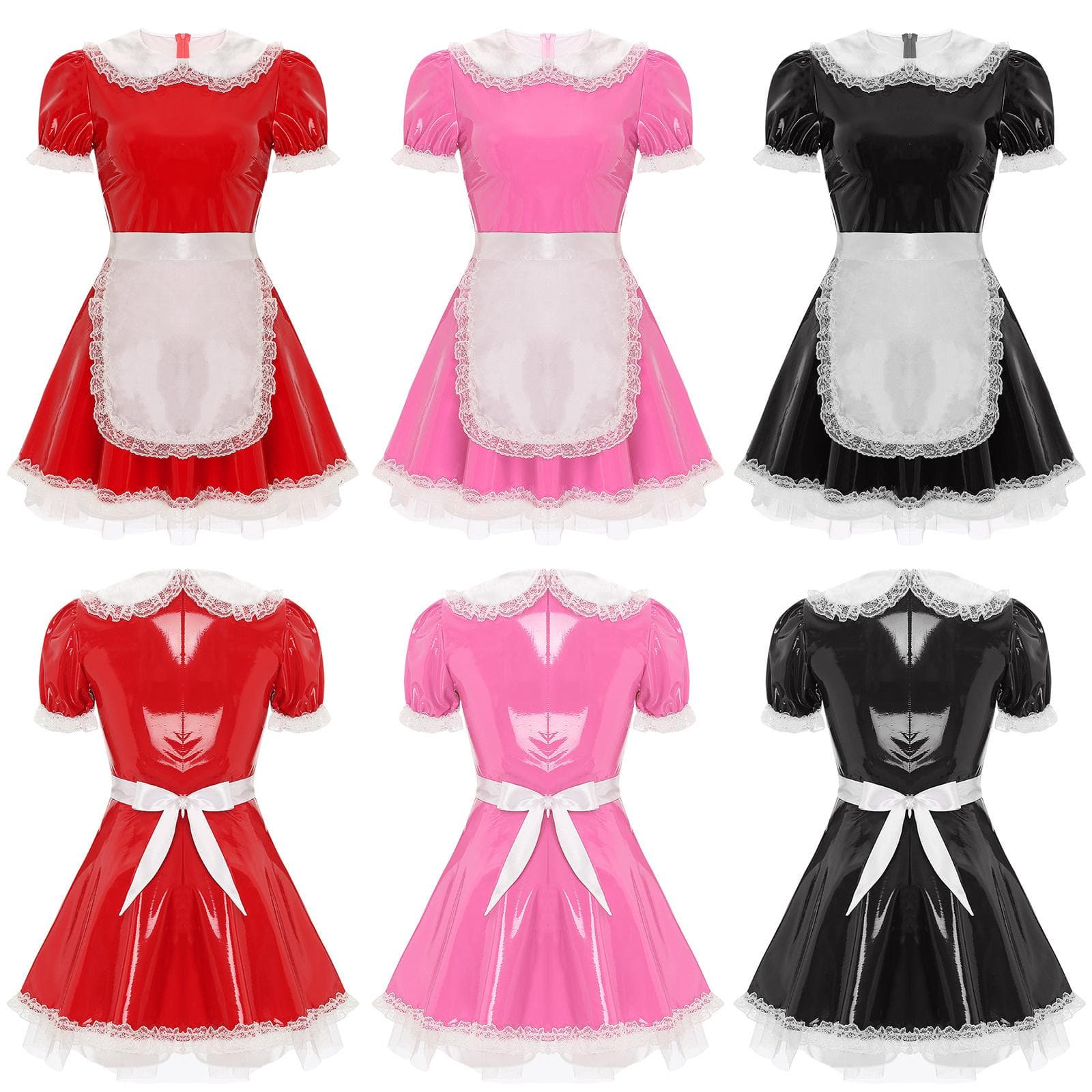 Damen Dienerinnen Cosplay Dienstmädchen Latex A-Linie Kleid Karneval Mottoparty Verkleidungskostüm mit Schürze cm rosa