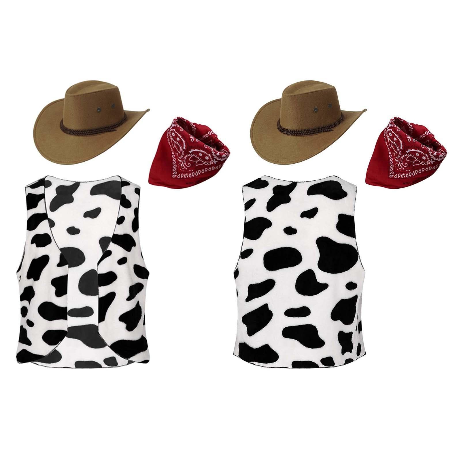 Herren Halloween Western Cowboy Cosplay Kostüm Cowboyhut Kuh bedruckt Flanellweste und bedrucktes Bandana 3-teiliger Anzug kaffeebraun/rot