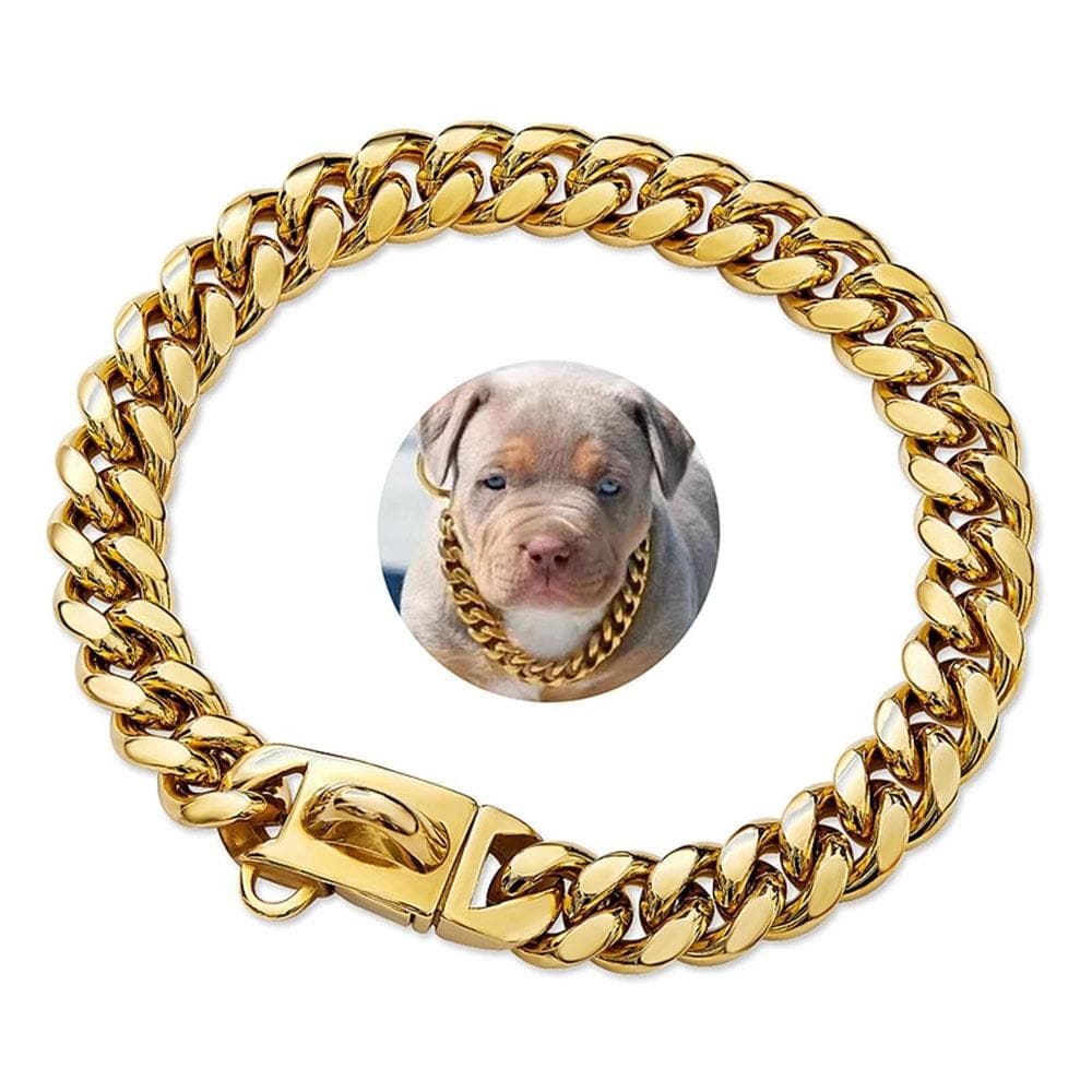 Robustes Hundehalsband aus Edelstahl in Gold mit Sicherheitsschnalle, 15 mm kubanische Gliederkette, Trainingshalsband, Hundehalsband zum Spazierengeh