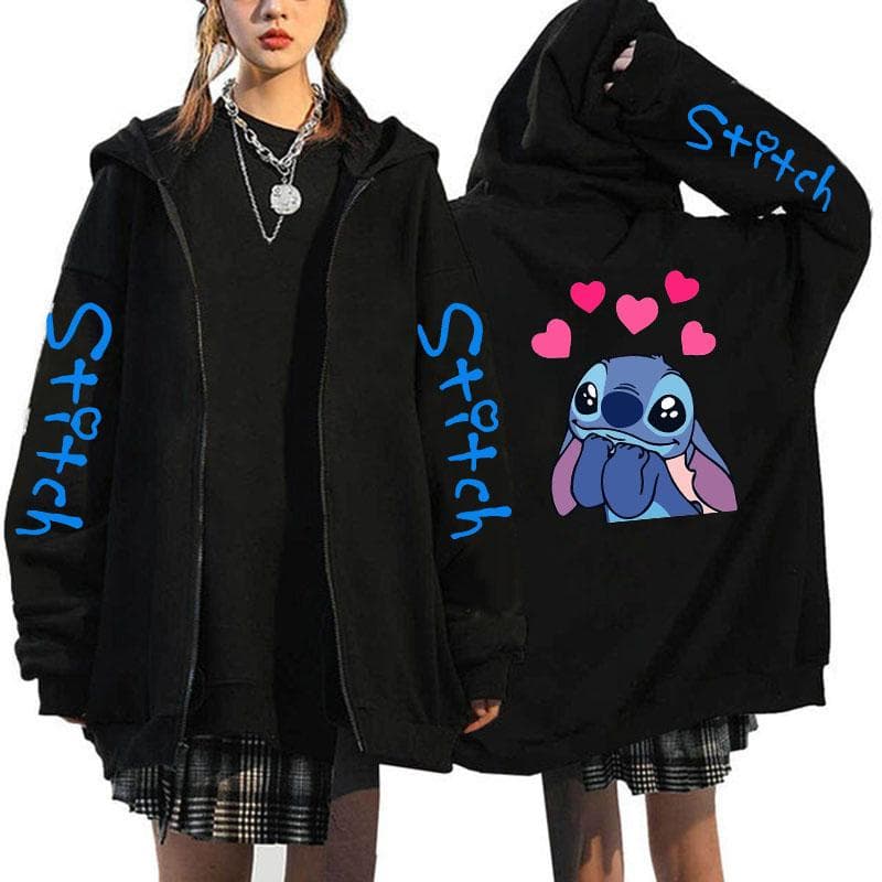 Übergroßer Y2k Zip-up Hoodie Disney Damen Lilo & Stitch Kostüm Winterkleidung Frau Langarm Warme Jacke Zip-up Street Tops cm
