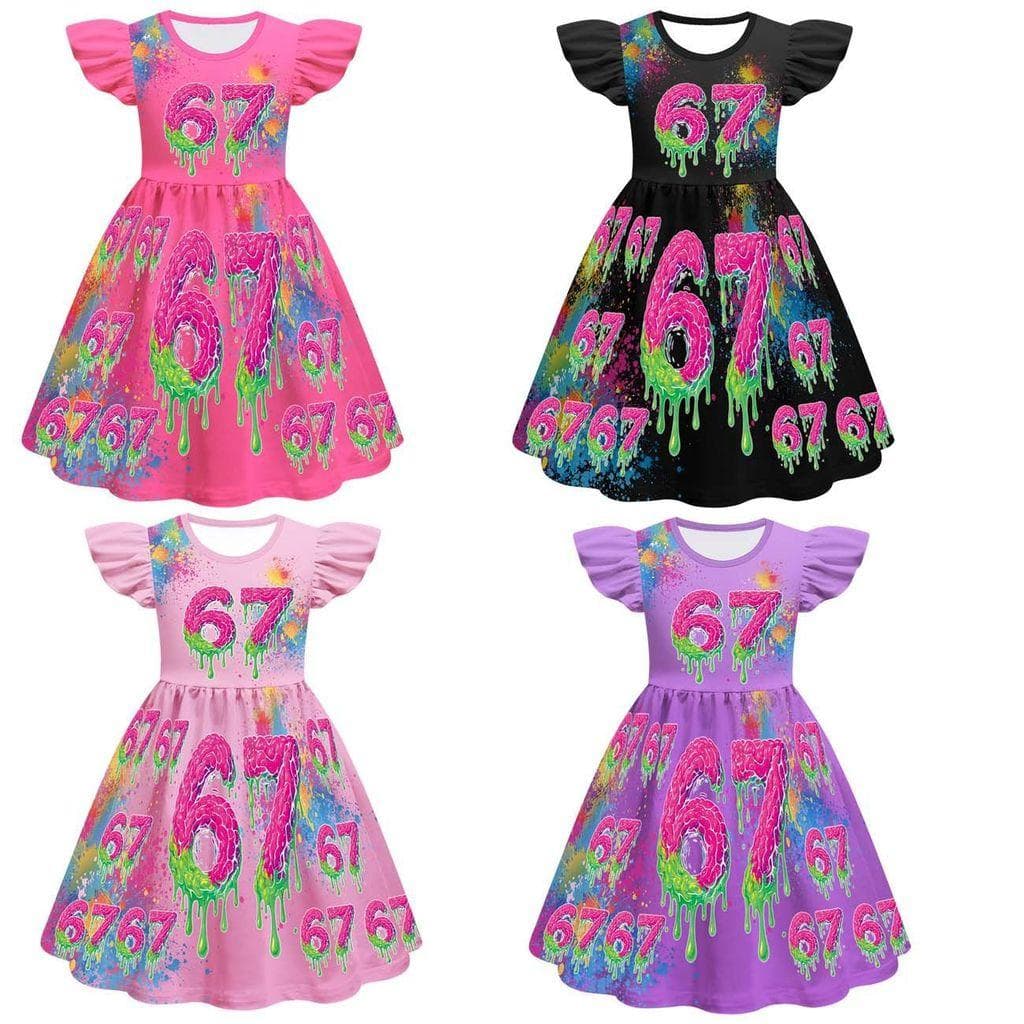 82886 Kinder Mädchen Steal a Brainrot 67 Print Rüschen Ärmellos Prinzessin Kleid 150cm