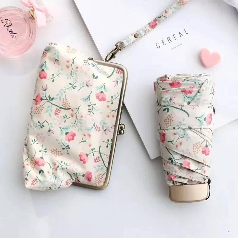Ultraleichter Mini-Flachgriff-Regenschirm Floraler Sonnen- und Regenschirm Regen- & Aufbewahrungshandtasche UV-Schutz Sonnenschirm