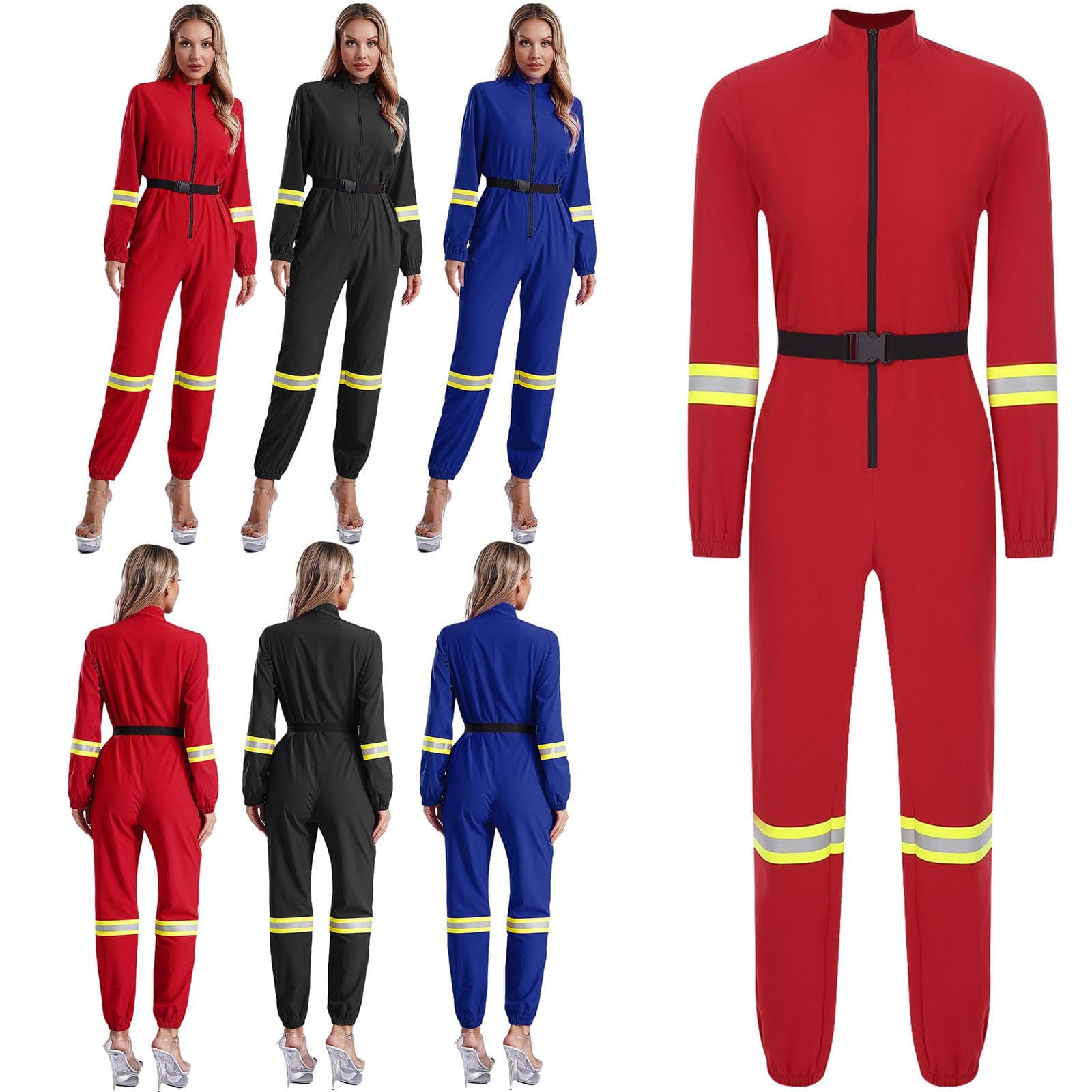 Damen Halloween Feuerwehrfrau Cosplay Einteiler Gürteldesign Stehkragen Langarm Frontreißverschluss Body Jumpsuit cm rot