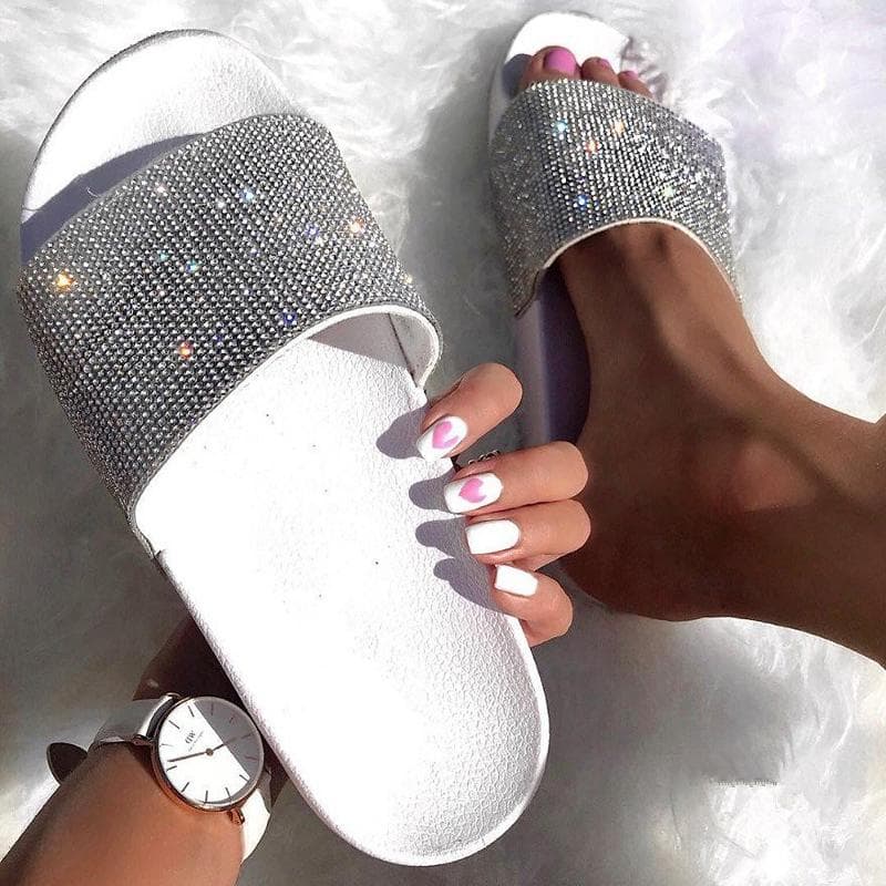 Strass Bling Strand Slides Damen Hausschuhe Flip Flops Sommer Freizeitschuhe Crystal DiamondSandals Slip On Flache Schuhe cm schwarz