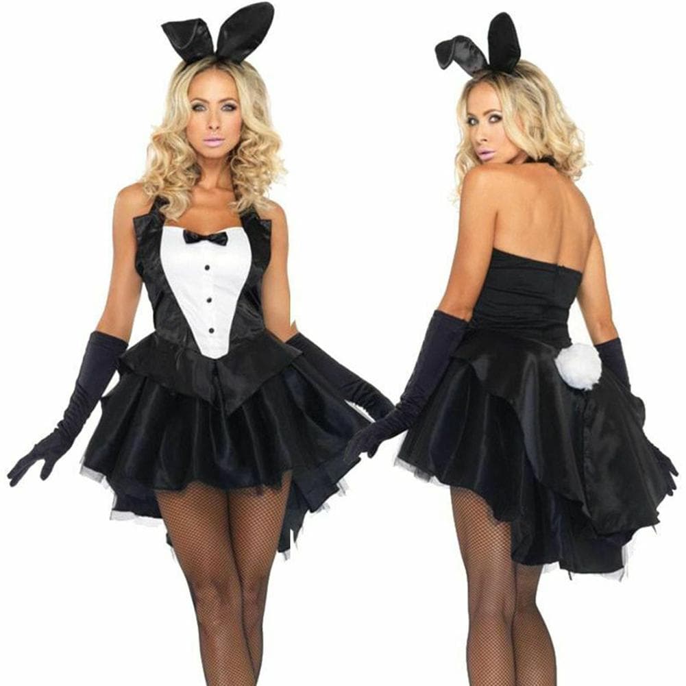 Damen 3-teiliges Häschen-Handschuhe-Stirnband-Smoking-Kleid-Cosplay-Halloween-Kostüm-Set cm schwarz