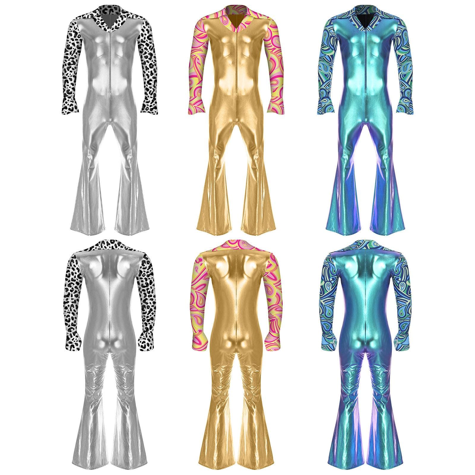 Herren Jazz Dance Performance Kostüme 80er Jahre Disco Cosplay Kostüm Schlaghose voller langer V-Ausschnitt Jumpsuit Strampler gold