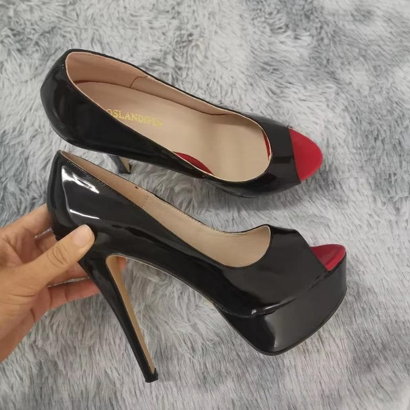 LOSLANDIFEN Sexy Peep Toe Plateau Damen Pumps 14cm Super High Heels Lackleder Schuhe Rot Hochzeit Stilettos Große Größe 43 44 cm intensiv/nude