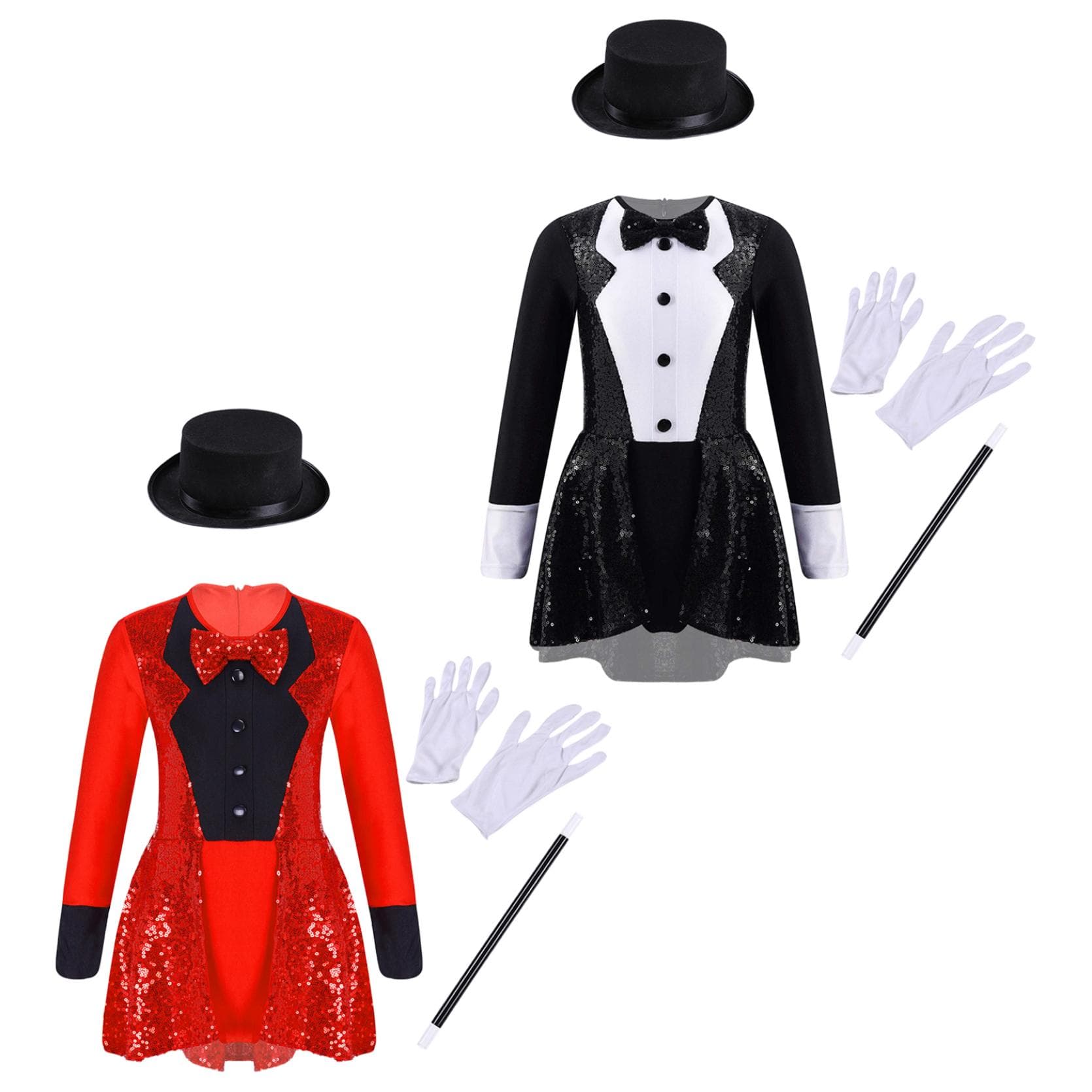 Kinder Mädchen Zauberer Kostüm Set Langarm Fliege Zurück Reißverschluss Pailletten Trikot mit Hut Zauberstab Handschuhe für Halloween Cosplay