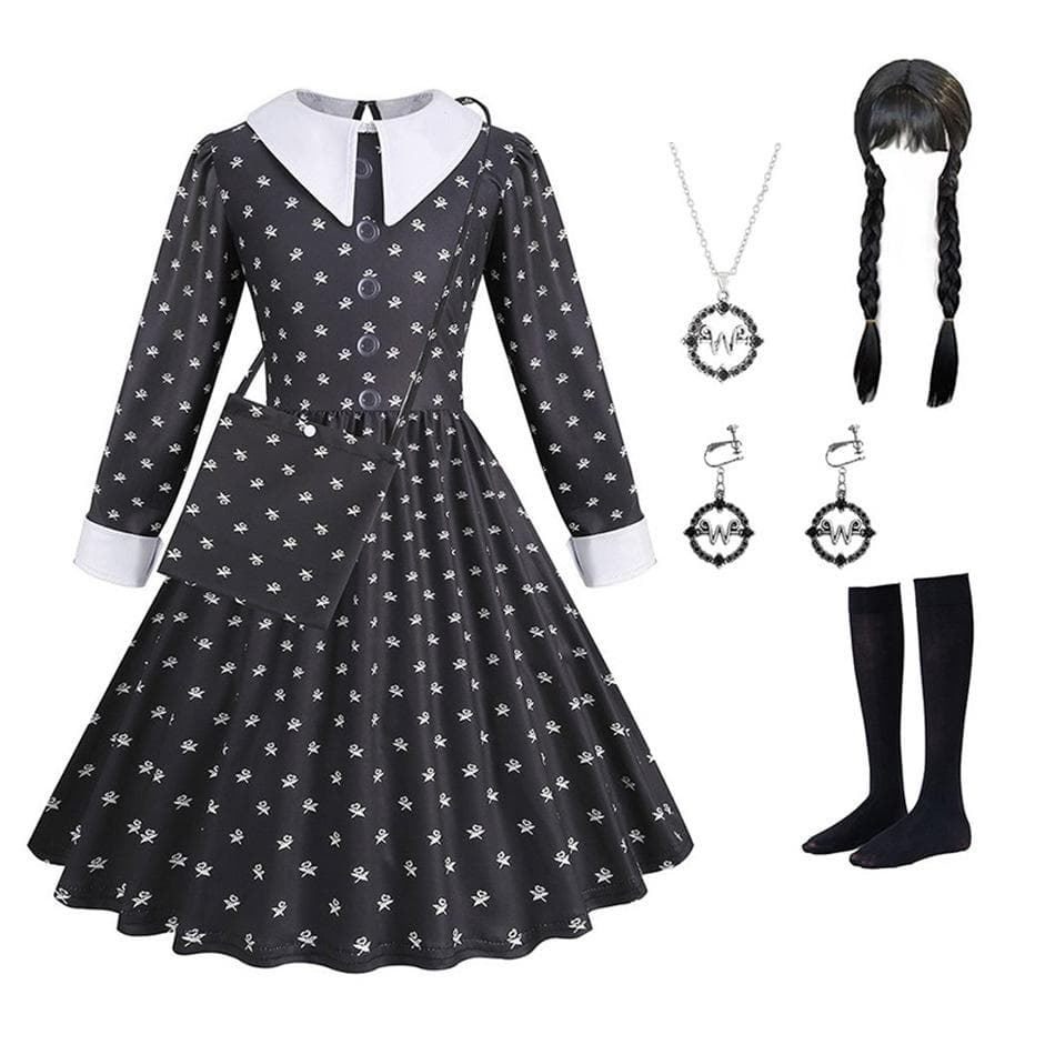 Mittwoch Addams Schwarzes Milchseiden-Cosplay-Kleid 160cm