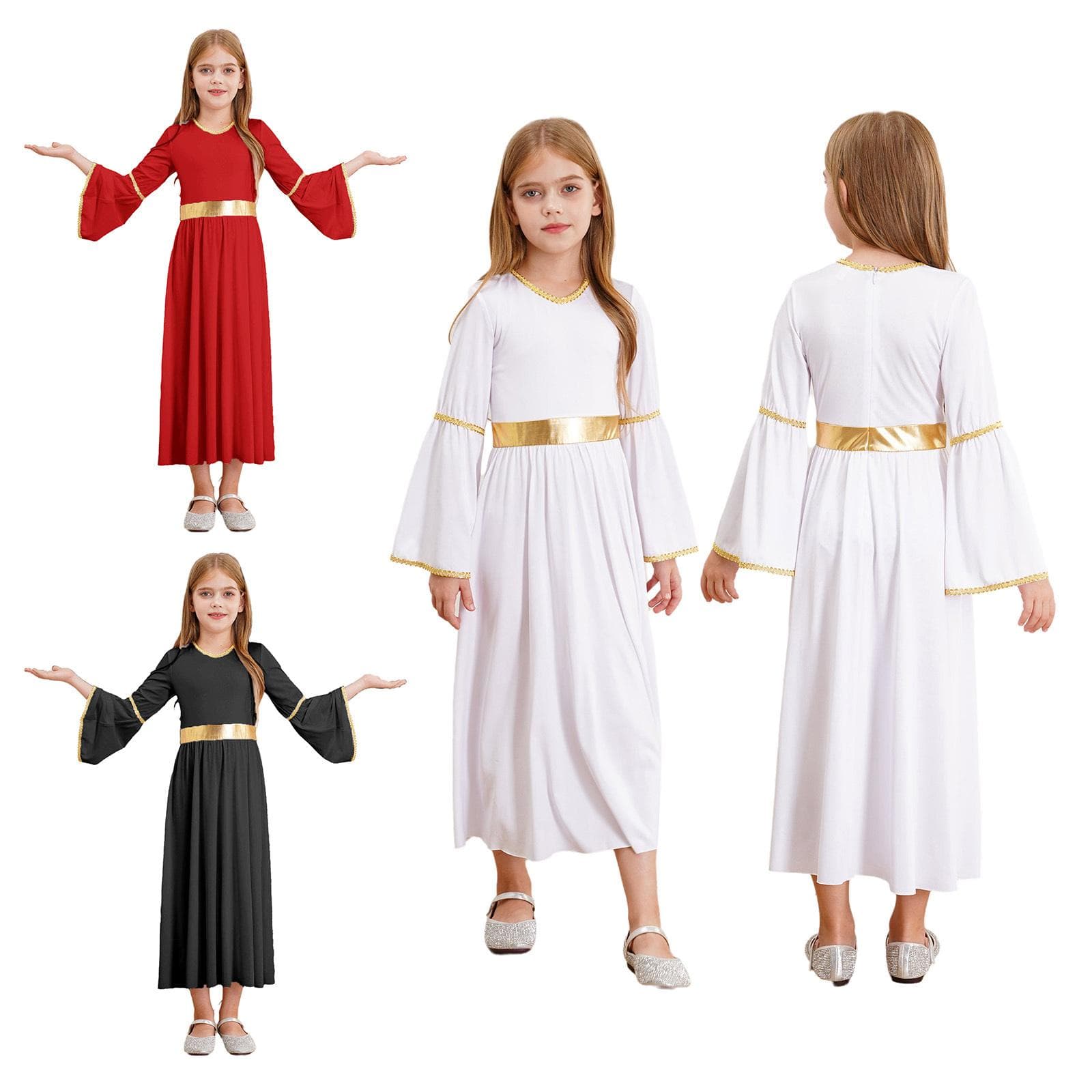 Mädchen Engel Kostüm Langärmeliges Goldbesatz Patchwork Kleid mit Feder-Accessoires für himmlische Cosplay-Auftritte cm weiß