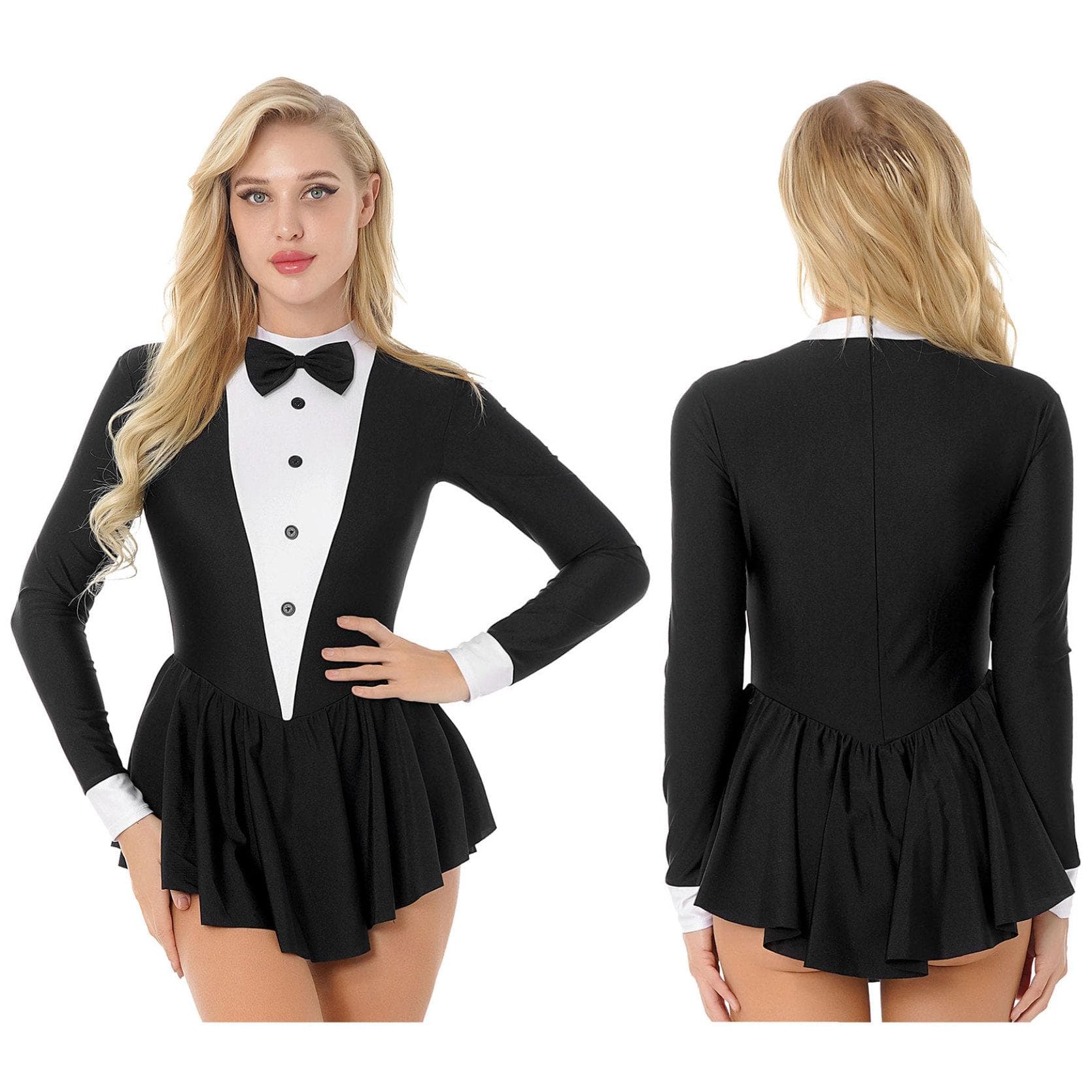 Damen-Smoking-Kellnerin-Rollenspielkostüm in Kontrastfarbe mit Schleife und Knopf, langärmlig, Rüschenkleid, Tanzkleidung cm schwarz