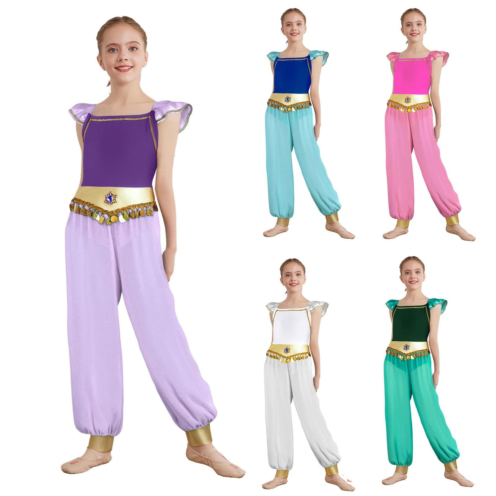 Mädchen Arabische Prinzessin Kostüm Patchwork Flatterärmel Strass Pailletten Quasten Seitenschlitz Chiffon Hose cm blau
