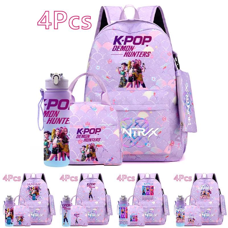 4 Stück/Set Cartoon KPOP Bedruckter Rucksack mit Handtasche Federmäppchen 750 ml Wasserflasche für Teenager Junge Mädchen Große Kapazität