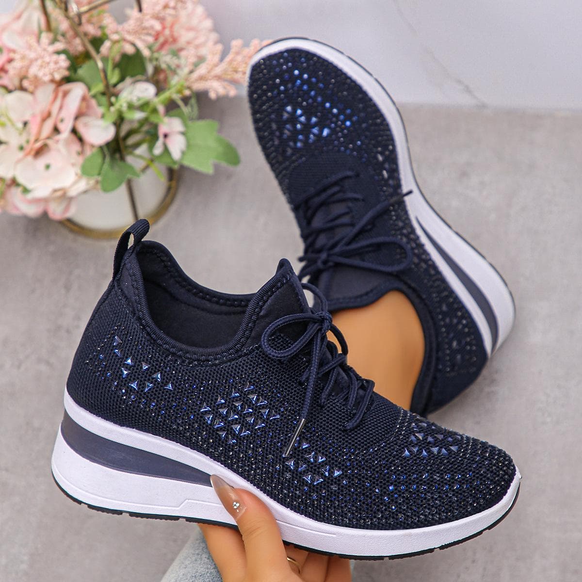 Damen Glitzernde Strass Dicke Sohle Sneaker - Atmungsaktives Strickgewebe, Rutschfeste Mode-Sneaker mit Schnürverschluss, Lässige Bequeme Schuhe cm