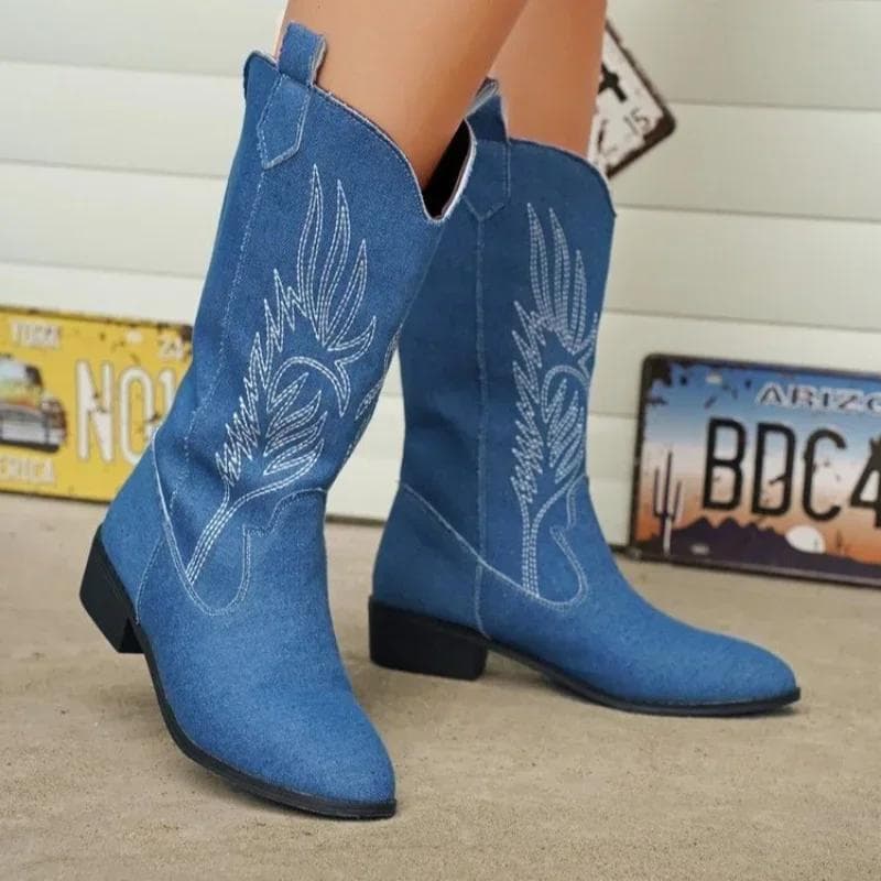 Modische Damenstiefeletten zum Hineinschlüpfen, für Herbst und Winter, dicke Sohle, spitze Zehenpartie, quadratischer Absatz, bestickte