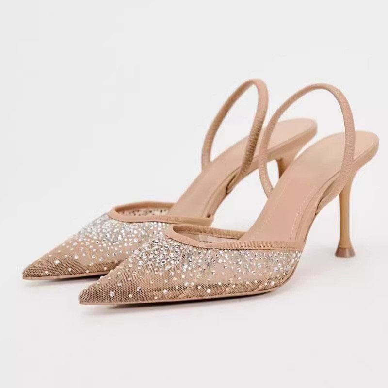 Sommer Damen Sandalen Strass Helles Mesh High Heels Schuhe Elegante Slingback Spitz Slip on Party Lady Pumps Schuhe cm apricot