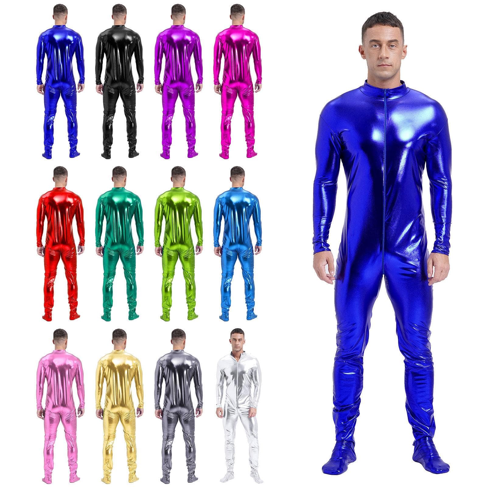 Herren Metallic Zentai Jumpsuit Ganzkörper Eng Stehkragen Langarm Club Performance Kostüm cm