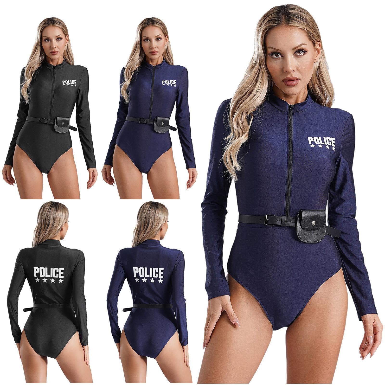 Damen Polizeiuniform Body Reißverschluss vorne Langarm Printdesign Gürtel Geldbörse inklusive Cosplay-Kostüm cm navy blau