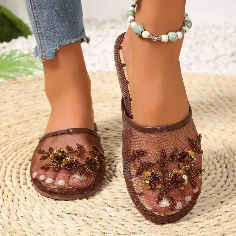 Bestickte Perlen-Slipper aus Seidenmesh für Zuhause und drinnen, leichte, bequeme und Retro-Slipper Damen cm braun