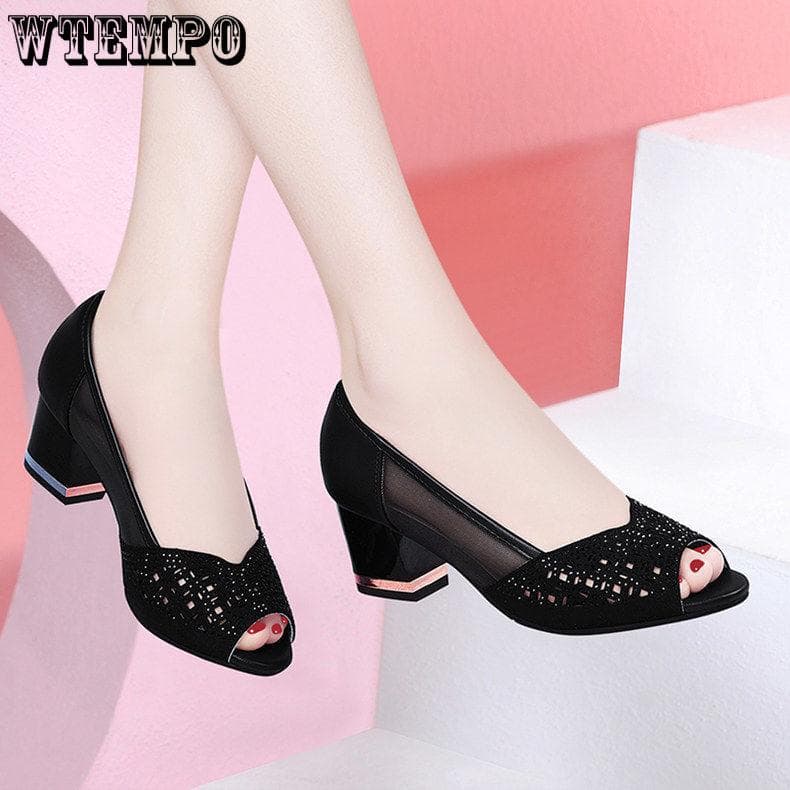 Sandalen mit mittlerem Absatz für Damen, dicker Absatz, Gaze, koreanische Version aller modischen Einzelschuhe für Damen cm schwarz