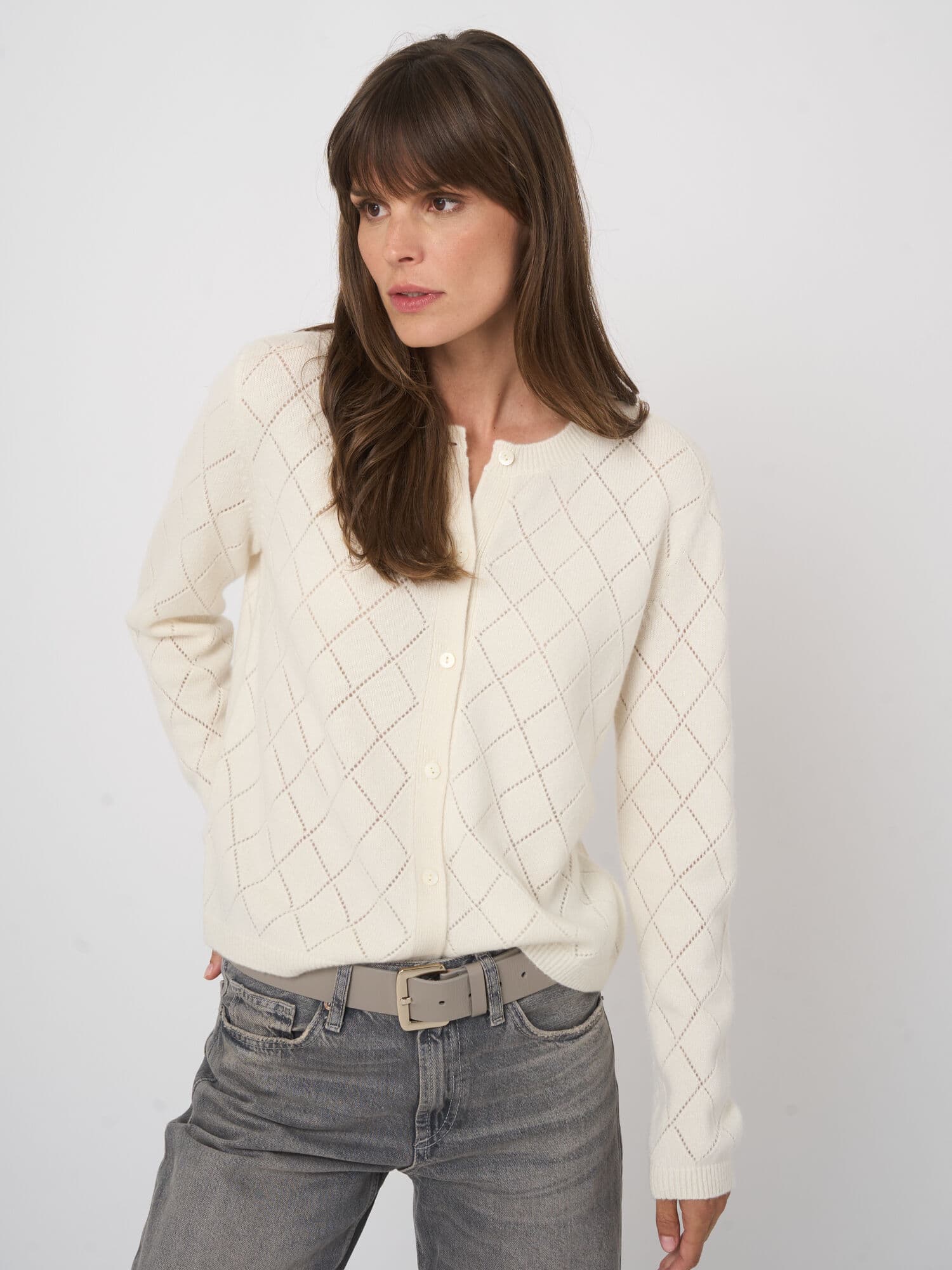 Weicher Damen-Cardigan aus 100% Kaschmir mit Ajourmuster