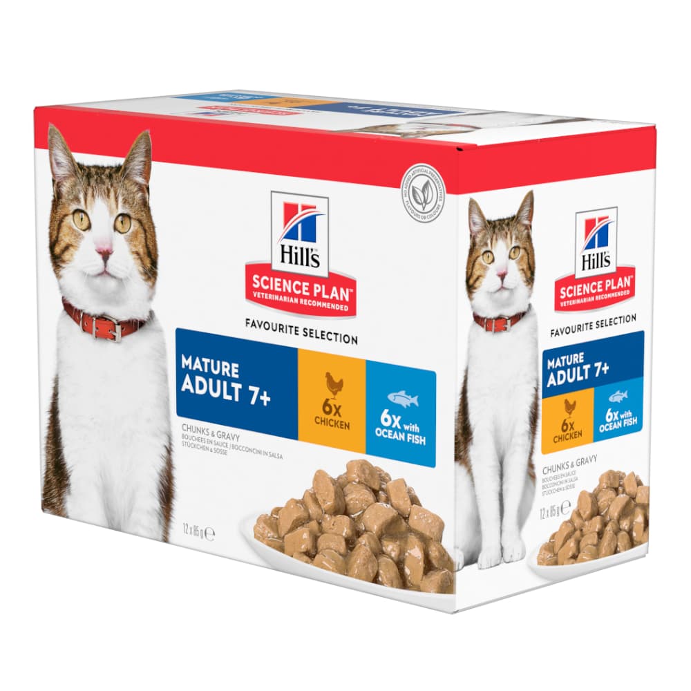 Hill's Science Plan Senior 11+ Huhn - Ergänzend: 12 x 85 g Hill's Science Plan Mature Adult Huhn & Seefisch