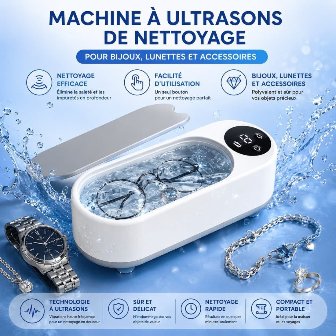 Machine à Ultrasons de Nettoyage pour Bijoux, Accessoires de Maquillage et Lunettes